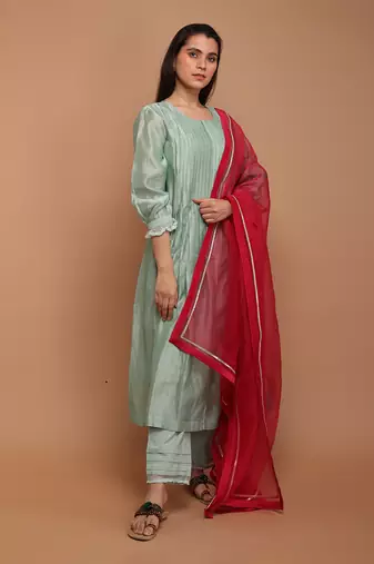 Mint green chanderi handloom anarkali set with dupatta