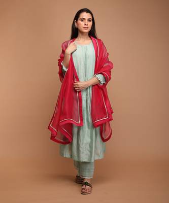 Mint green chanderi handloom anarkali set with dupatta 3