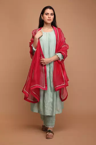 Mint green chanderi handloom anarkali set with dupatta