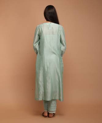 Mint green chanderi handloom anarkali set with dupatta 4
