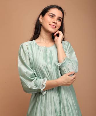 Mint green chanderi handloom anarkali set with dupatta 5