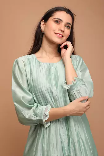 Mint green chanderi handloom anarkali set with dupatta
