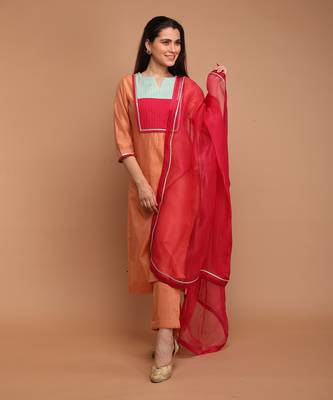 Tangerine orange chanderi handloom kurta set with dupatta 1