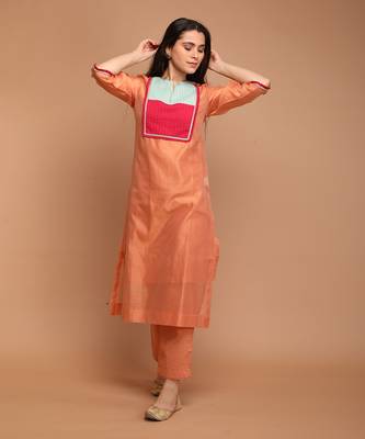 Tangerine orange chanderi handloom kurta set with dupatta 2