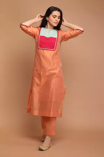 Tangerine orange chanderi handloom kurta set with dupatta