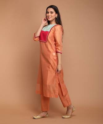 Tangerine orange chanderi handloom kurta set with dupatta 3