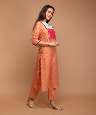 Tangerine orange chanderi handloom kurta set with dupatta 4