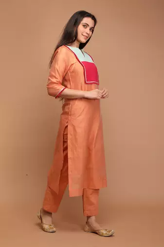 Tangerine orange chanderi handloom kurta set with dupatta