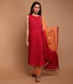 Hot pink textured cotton kurta set with dupatta