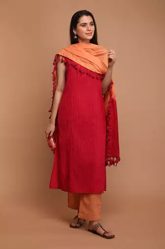 Hot pink textured cotton kurta set with dupatta
