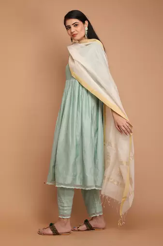 Mint green chanderi handloom kurta set