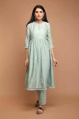 Mint green chanderi handloom kurta set