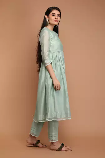 Mint green chanderi handloom kurta set