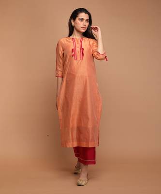 Tangerine orange chanderi handloom kurta set 1