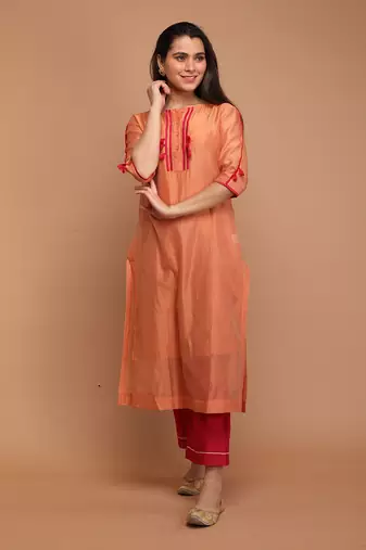 Tangerine orange chanderi handloom kurta set
