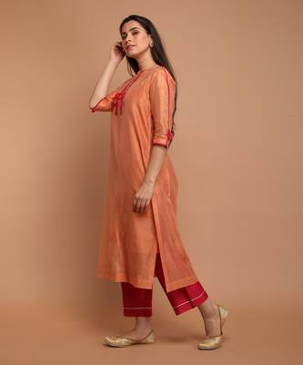 Tangerine orange chanderi handloom kurta set 3