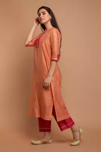 Tangerine orange chanderi handloom kurta set