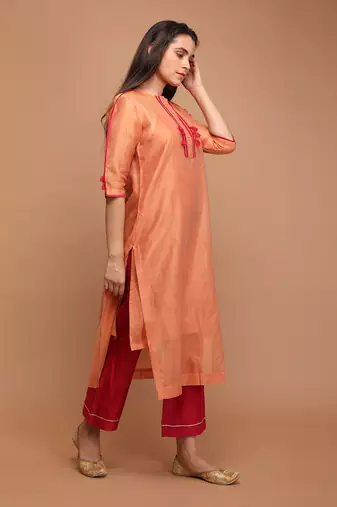 Tangerine orange chanderi handloom kurta set