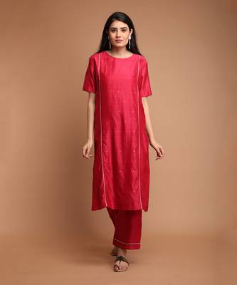 Hot pink chanderi handloom loose fit kurta set 1
