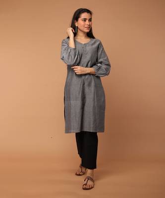 Grey chambray hand loom cotton kurta set 1