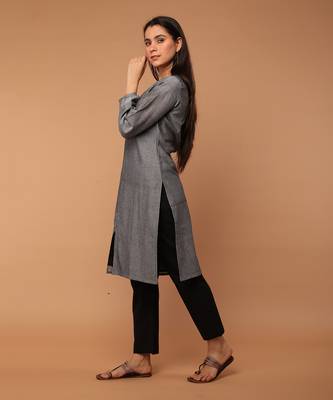Grey chambray hand loom cotton kurta set 2