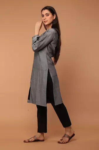 Grey chambray hand loom cotton kurta set