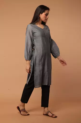 Grey chambray hand loom cotton kurta set