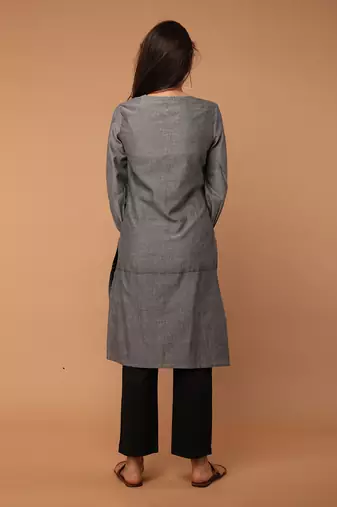 Grey chambray hand loom cotton kurta set