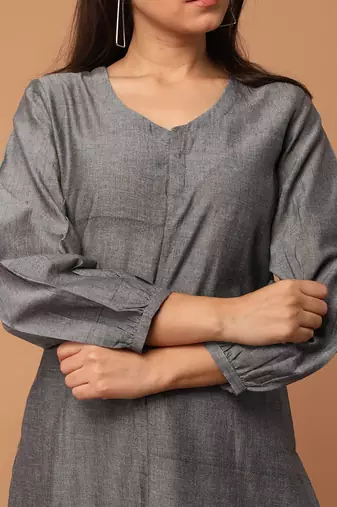 Grey chambray hand loom cotton kurta set
