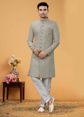 Art Silk Grey Men Kurta Bottom Jacket 1