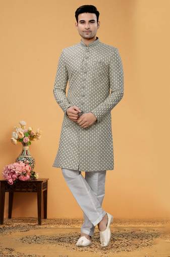 Art Silk Grey Men Kurta Bottom Jacket