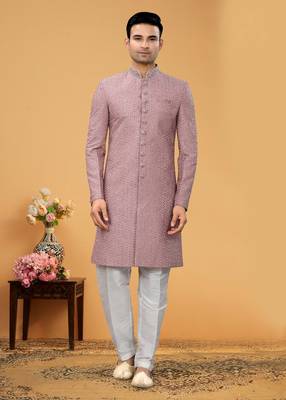 Art Silk Pink Men Kurta Bottom Jacket 1