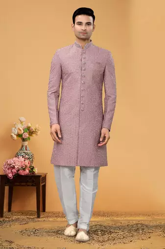 Art Silk Pink Men Kurta Bottom Jacket