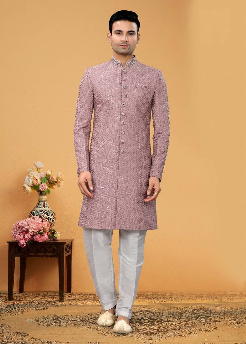 Art Silk Pink Men Kurta Bottom Jacket