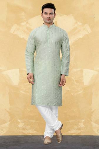 Art Silk Green Men Kurta Pajama