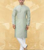Art Silk Green Men Kurta Pajama