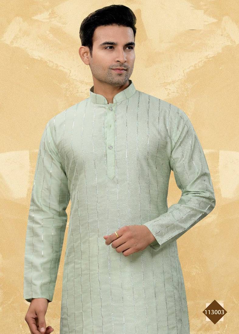 Art Silk Green Men Kurta Pajama