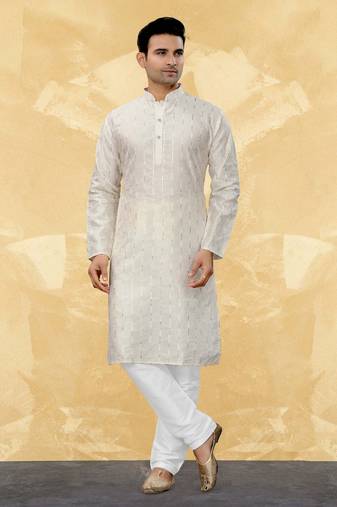 Art Silk White Men Kurta Pajama
