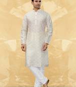 Art Silk White Men Kurta Pajama