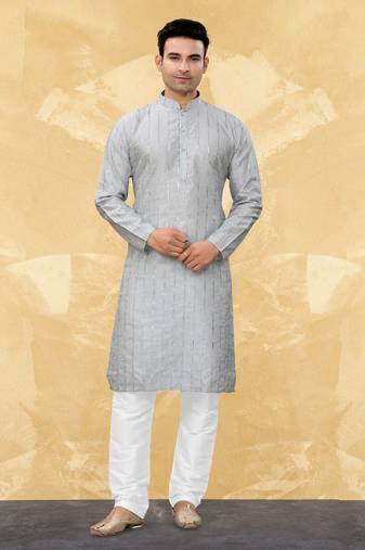 Art Silk Grey Men Kurta Pajama