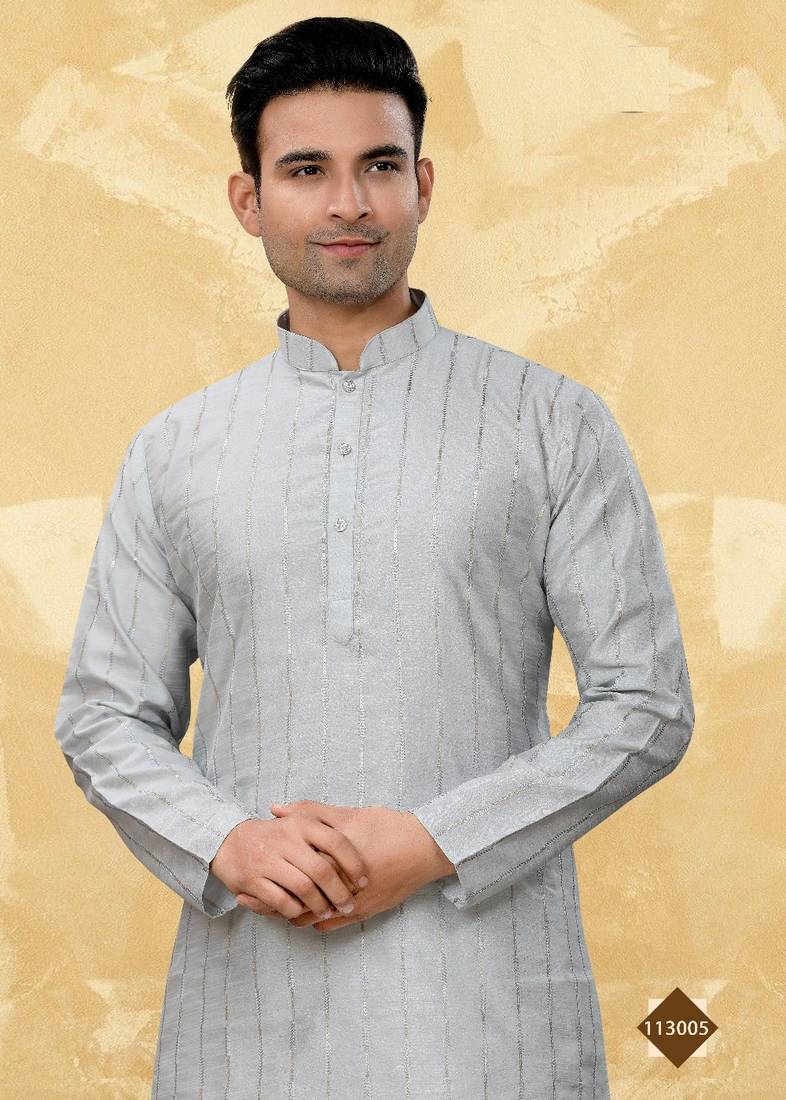 Art Silk Grey Men Kurta Pajama