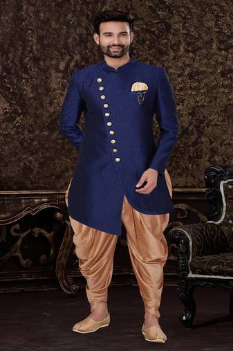 Jacquard Silk Blue Men Kurta Pajama