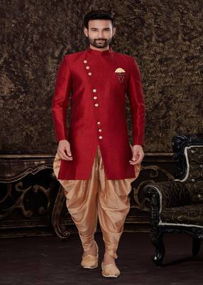 Jacquard Silk Red Men Kurta Pajama 1