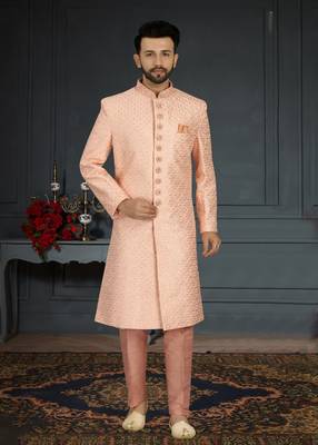 Jacquard Silk Pink Men Kurta Pajama 1