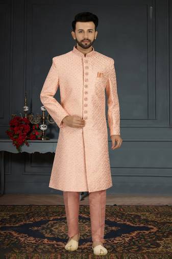 Jacquard Silk Pink Men Kurta Pajama