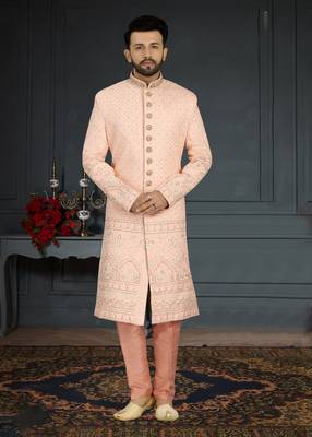 Jacquard Silk Pink Men Kurta Pajama 1