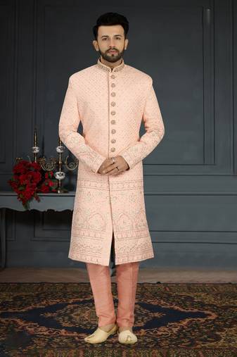 Jacquard Silk Pink Men Kurta Pajama