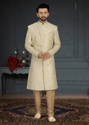Jacquard Silk Beige Men Kurta Pajama 1