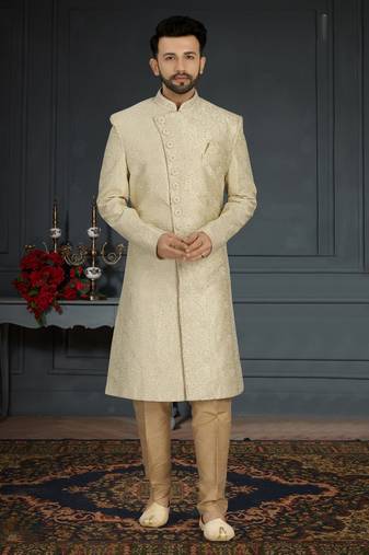 Jacquard Silk Beige Men Kurta Pajama