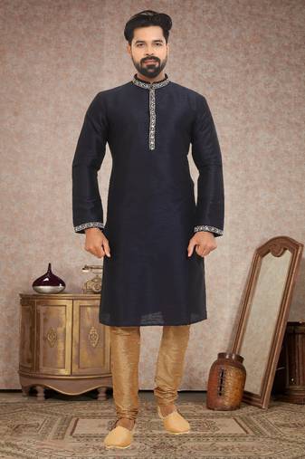 Dupion Silk Blue Men Kurta Pajama